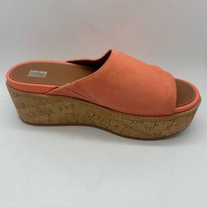 FitFlop Eloise Slides Sandals Women Coral Orange Leather Cork Wrap Wedge Sz 8.5